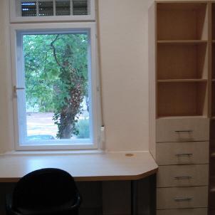 Maßgefertigter Schreibtisch aus hellem Holz mit integriertem Regal und Schubladen neben einem Fenster mit Blick ins Grüne.