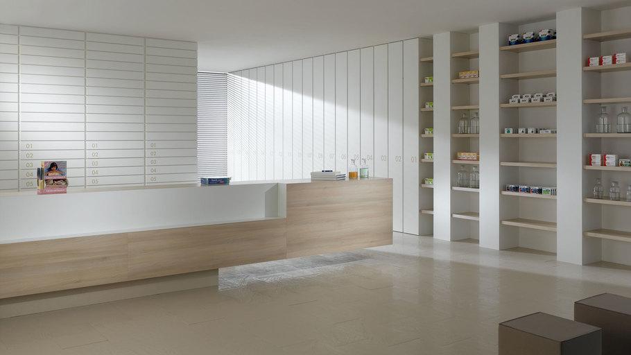 Impressionen einer Apothekeneinrichtung Impressionen einer Apothekeneinrichtung mit hellen Holzmöbeln und geräumigem Regalsystem, sowie aufgeräumten Empfang.